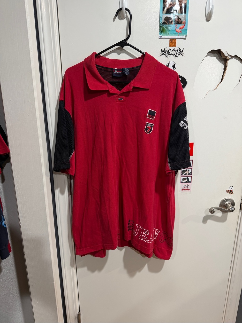 Vintage 90s Bugle Boy Est. 77 Polo Shirt XL Mesh Sleeves Embroidered Patches Y2K